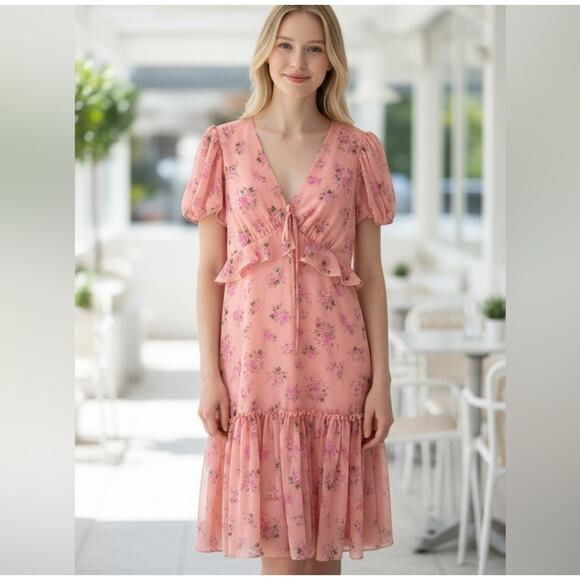 Loveshackfancy Target Fleur Pink Peach Roses Dress Short Sleeve Size 14 - Picture 1 of 5